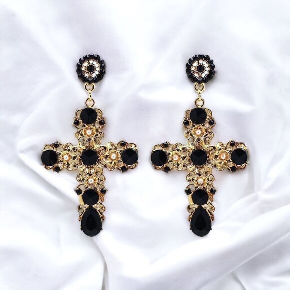 ❤️071❤️ Designer Inspired Black Vintage Cross Earrings - Picture 8 of 16